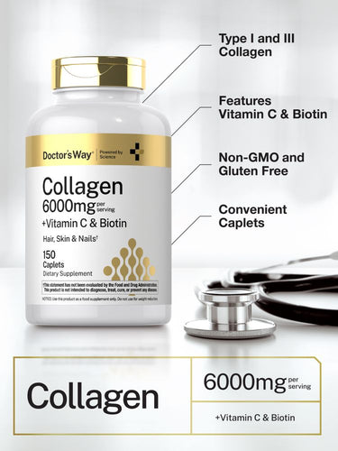 Collagen supplement bottle with stethoscope and medical tools on a white background