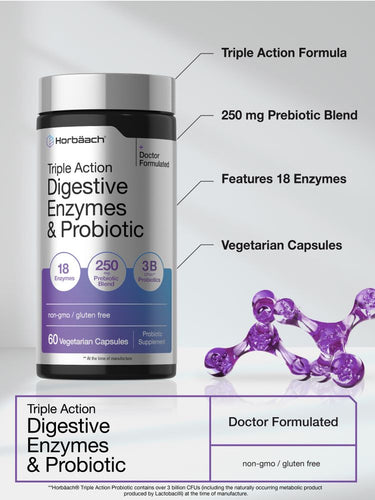 View 4 Horbäach Digestive Enzymes & Probiotic with 60 Vegetarian Capsules: 18 Enzymes, 250 mg Prebiotic Blend, 3B CFUs.