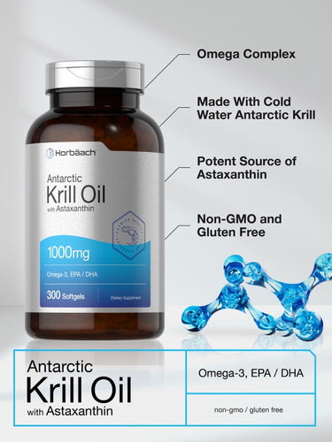 Horbaach Antarctic Krill Oil supplement bottle with label details on a gray background