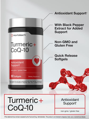 View 4 Horbäach Turmeric + CoQ-10 red Quick Release Softgels, 60 count, non-GMO, gluten-free for antioxidant support.