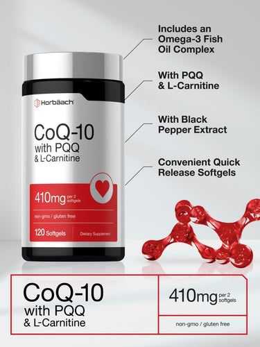 View 4 Product highlights graphic stating Omega-3 Fish Oil Complex, PQQ & L-Carnitine, Black Pepper Extract, Quick Release Softgels.