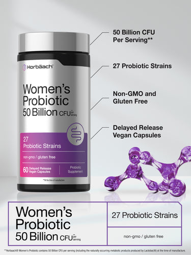 View 4 Horbäach Women's Probiotic, 50 Billion CFU, 27 Strains, 60 Delayed Release Vegan Capsules, non-GMO, gluten-free supplement.