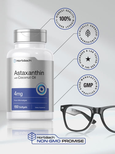 Horbaach Astaxanthin supplement bottle with branding and certification logos on a light gray background.
