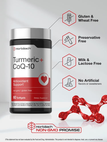 View 5 Turmeric + CoQ-10 bottle: Gluten & Wheat Free, Preservative Free, Milk & Lactose Free, No Artificial flavors or sweeteners, Non-GMO