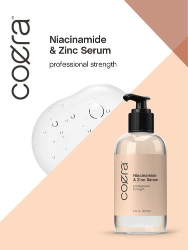 Coera Niacinamide & Zinc Serum bottle on a two-tone background