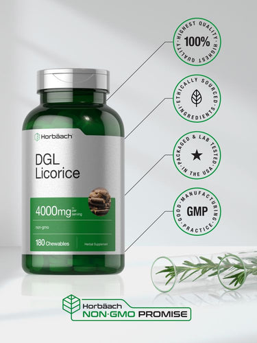 Bottle of DGL Licorice supplement with branding and quality assurance icons on a light gray background