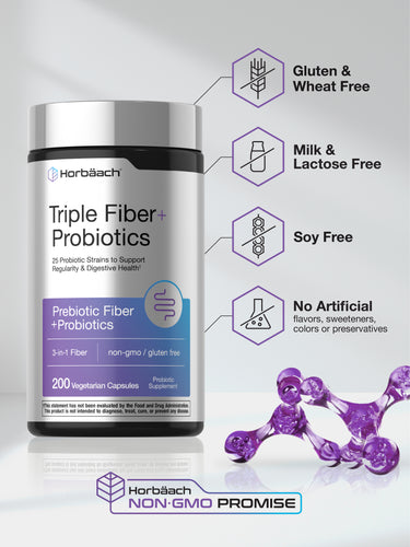 View 5 Triple Fiber bottle with icons indicating Gluten Free, Wheat Free, Milk Free, Lactose Free, Soy Free, NON-GMO, no artificial ingredients.
