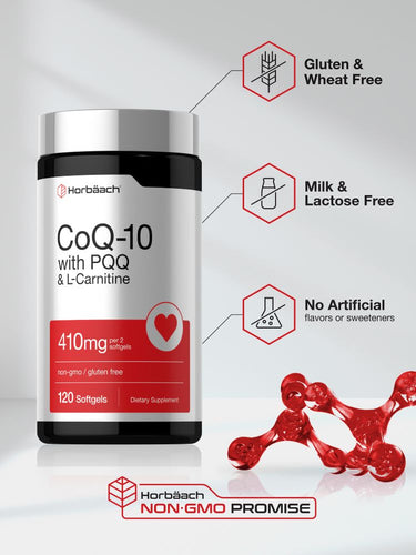 View 5 CoQ-10 PQQ L-Carnitine bottle with icons indicating gluten, wheat, milk, lactose free, no artificial flavors, and Non-GMO.