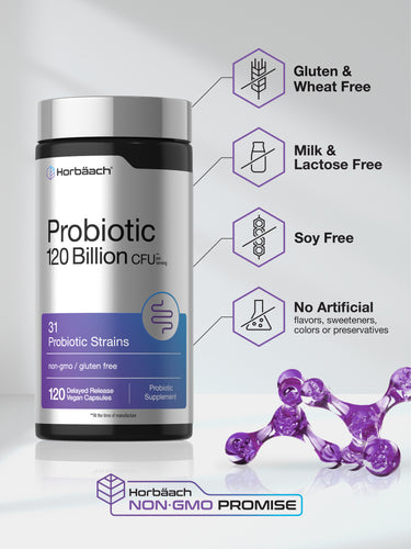 View 5 Probiotic bottle: Gluten & Wheat Free, Milk & Lactose Free, Soy Free, No Artificial Flavors/Sweeteners/Colors/Preservatives, Non-GMO.