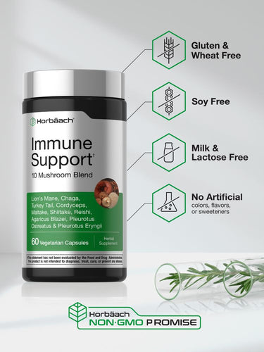 View 5 Immune 10 Mushroom bottle: Gluten & Wheat Free, Soy Free, Milk & Lactose Free, No Artificial colors/flavors/sweeteners, NON-GMO PROMISE