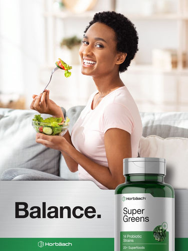 View 6 Horbäach Super Greens 120 Tablets bottle, showing '14 Probiotic Strains', '20+ Superfoods'; young woman on couch eating salad.