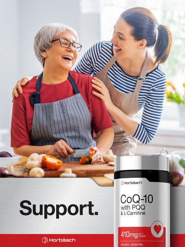 View 6 An older woman and a younger woman cook and laugh in a kitchen with a CoQ-10 with PQQ & L-Carnitine bottle visible.