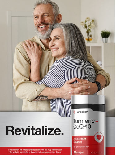 View 6 An elderly couple smiling and embracing, holding a Turmeric CoQ-10 bottle.