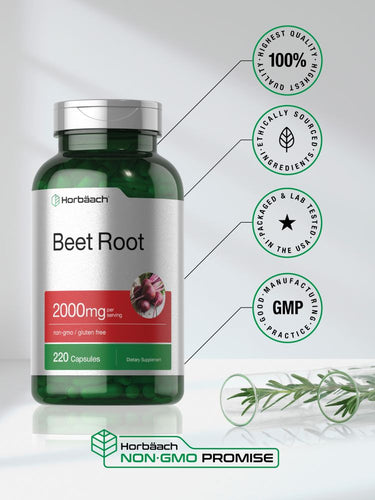 Bottle of Beet Root supplement with Horbaach branding on a light gray background