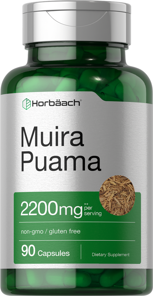 Muira Puama supplement with 2200 mg, containing 90 green capsules, displayed on a hand scale.