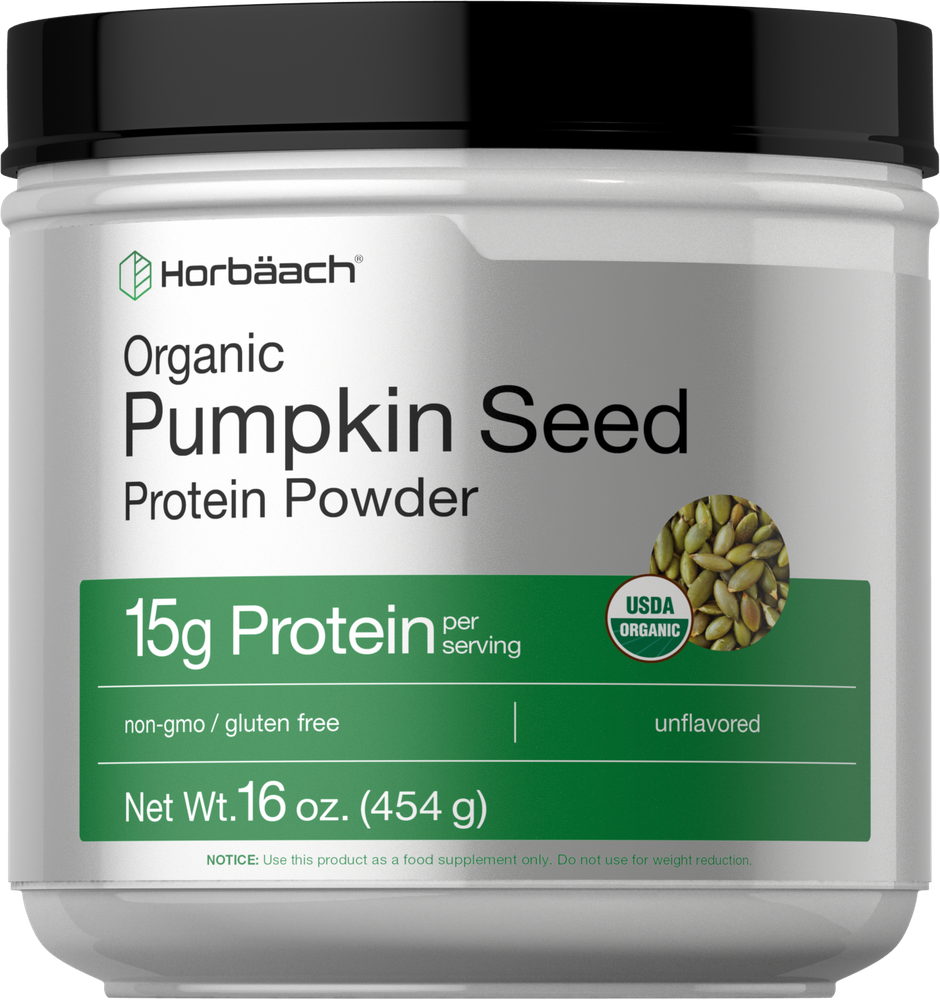 16 oz. (454 g) container of Organic Pumpkin Seed Protein Powder held in hand.