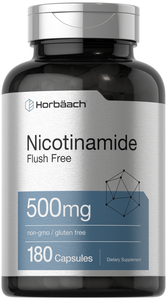 500 mg Nicotinamide Flush Free capsules on a hand scale, showing detailed nutrient supplement bottle with clear dosage.