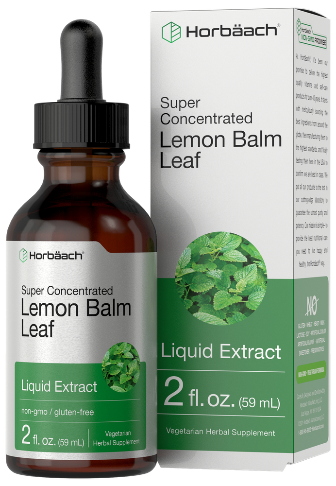 Hand holding a 2 fl. oz. (59 mL) bottle of Super Concentrated Lemon Balm Leaf Liquid Extract.