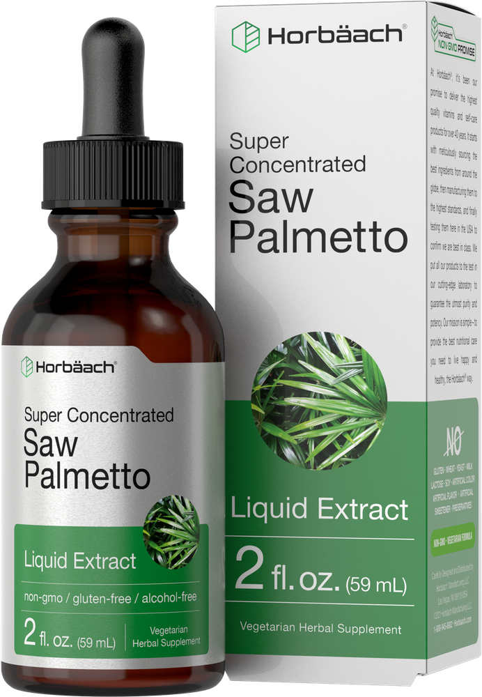 Saw Palmetto Berry Liquid Extract, 2 fl. oz. (59 mL) bottle displayed against a hand as size reference.