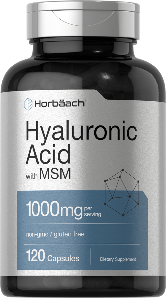 Horbaach Hyaluronic Acid with MSM bottle contains 120 capsules, offering 1000mg per serving.